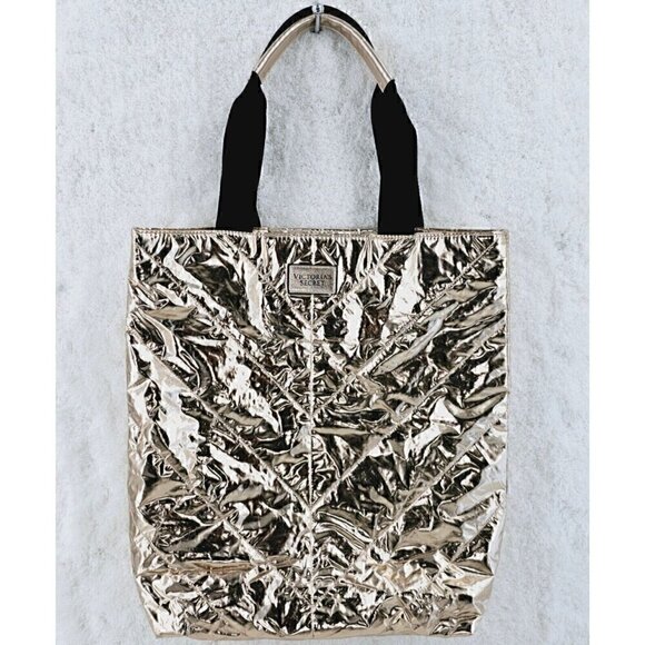 Victoria's Secret Metallic Rose Gold Chevron Tote Weekender Shopper Bag - Picture 10 of 10